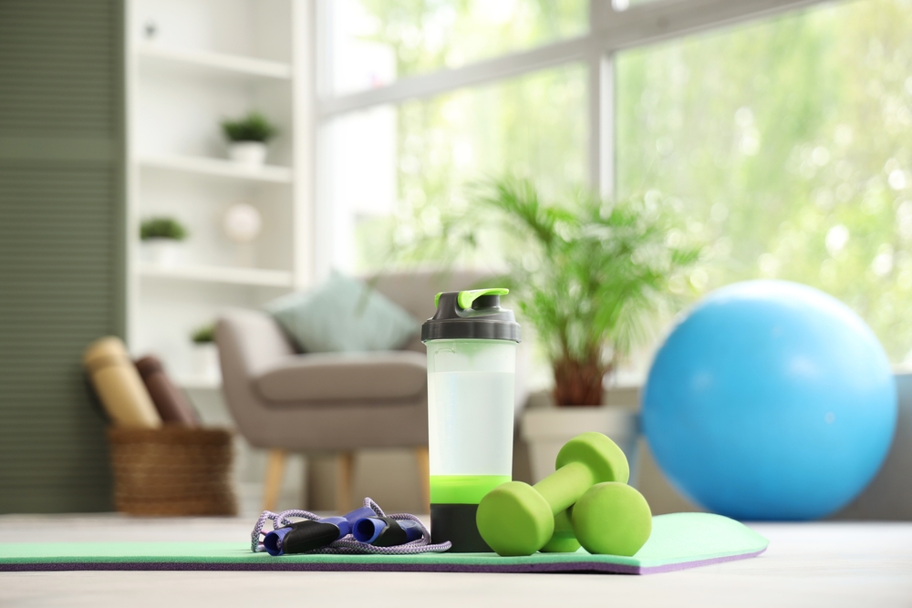 Sports water bottle, weights and exercise ball